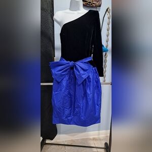 Black and Blue One-Shoulder Dress with Bow